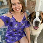 Selfie with the pet whose face is printed all over this Women's Leggy Lurkers Custom Dog Face Off-Shoulder Dress