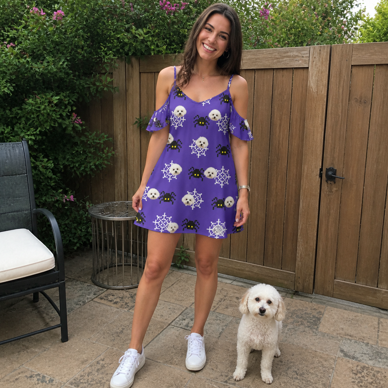 Full-length photo with the pet printed all over this Women's Leggy Lurkers Custom Dog Face Off-Shoulder Dress