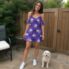 Full-length photo with the pet printed all over this Women's Leggy Lurkers Custom Dog Face Off-Shoulder Dress