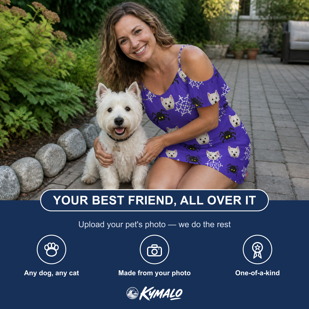 Friends in matching Women's Leggy Lurkers Custom Dog Face Off-Shoulder Dress — a group gift photo