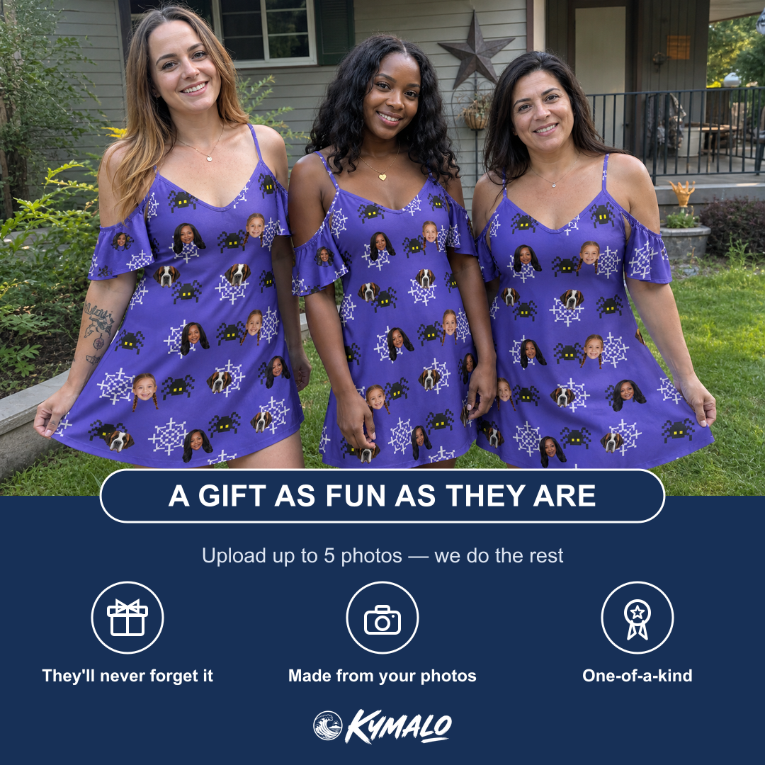 Friends in matching Women's Leggy Lurkers Custom Face Off-Shoulder Dress — a group gift photo