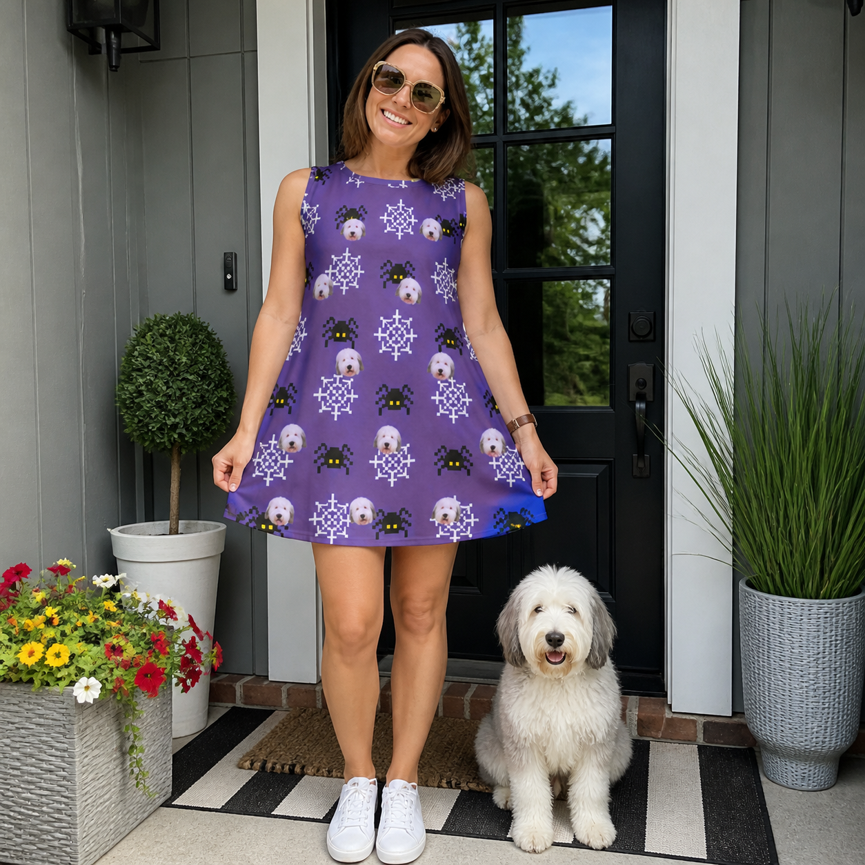 Full-length photo with the pet printed all over this Women's Leggy Lurkers Custom Dog Face Tank Dress