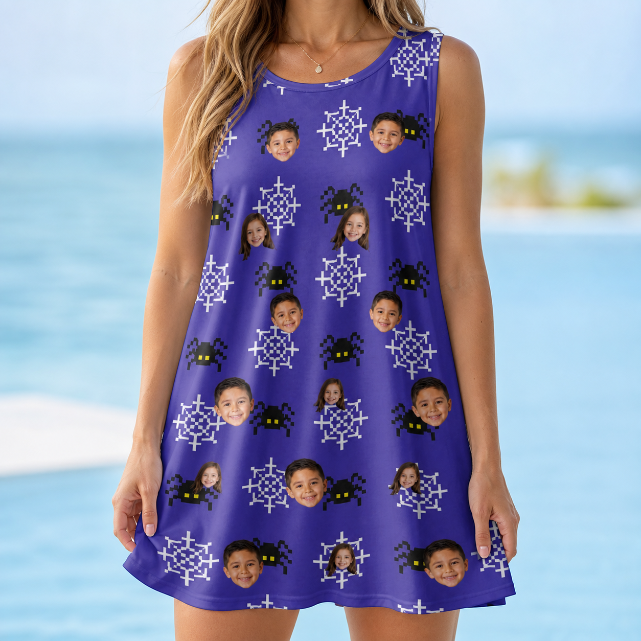 Model wearing Women's Leggy Lurkers Custom Face Tank Dress printed with kids' faces