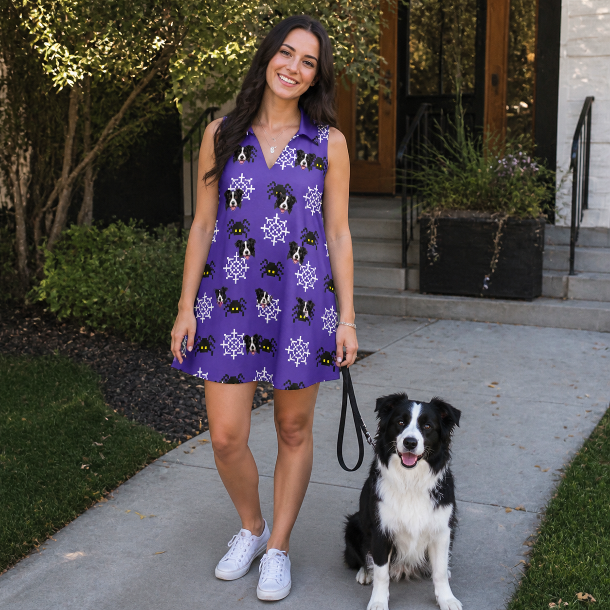 Full-length photo with the pet printed all over this Women's Leggy Lurkers Custom Dog Face V-Neck Dress