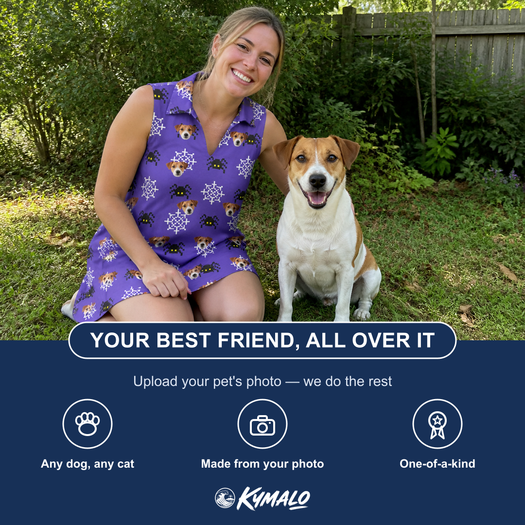 Friends in matching Women's Leggy Lurkers Custom Dog Face V-Neck Dress — a group gift photo