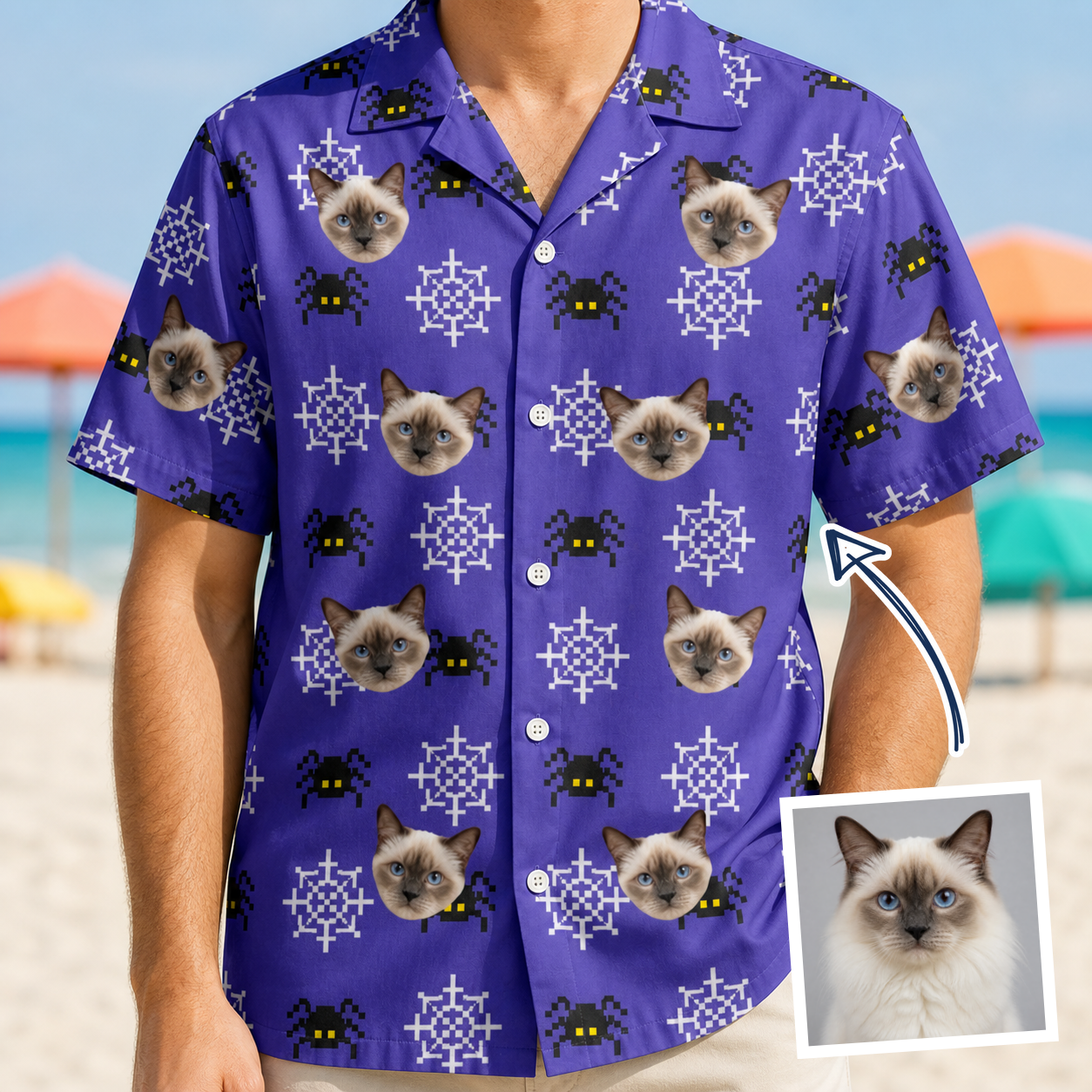 Man wearing Men's Leggy Lurkers Custom Cat Face Hawaiian Shirt — custom faces printed all-over