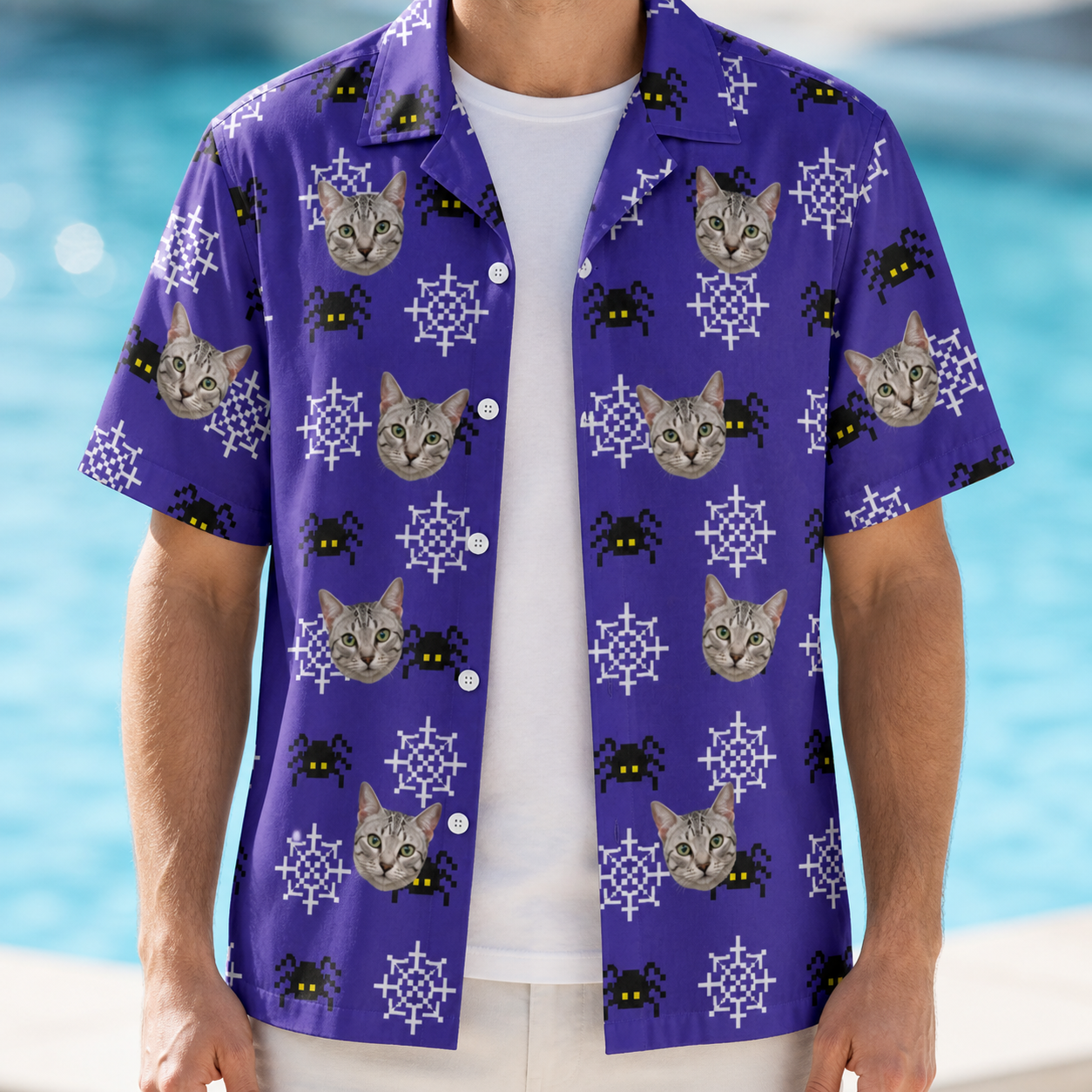 Man wearing Men's Leggy Lurkers Custom Cat Face Hawaiian Shirt open over a white tee