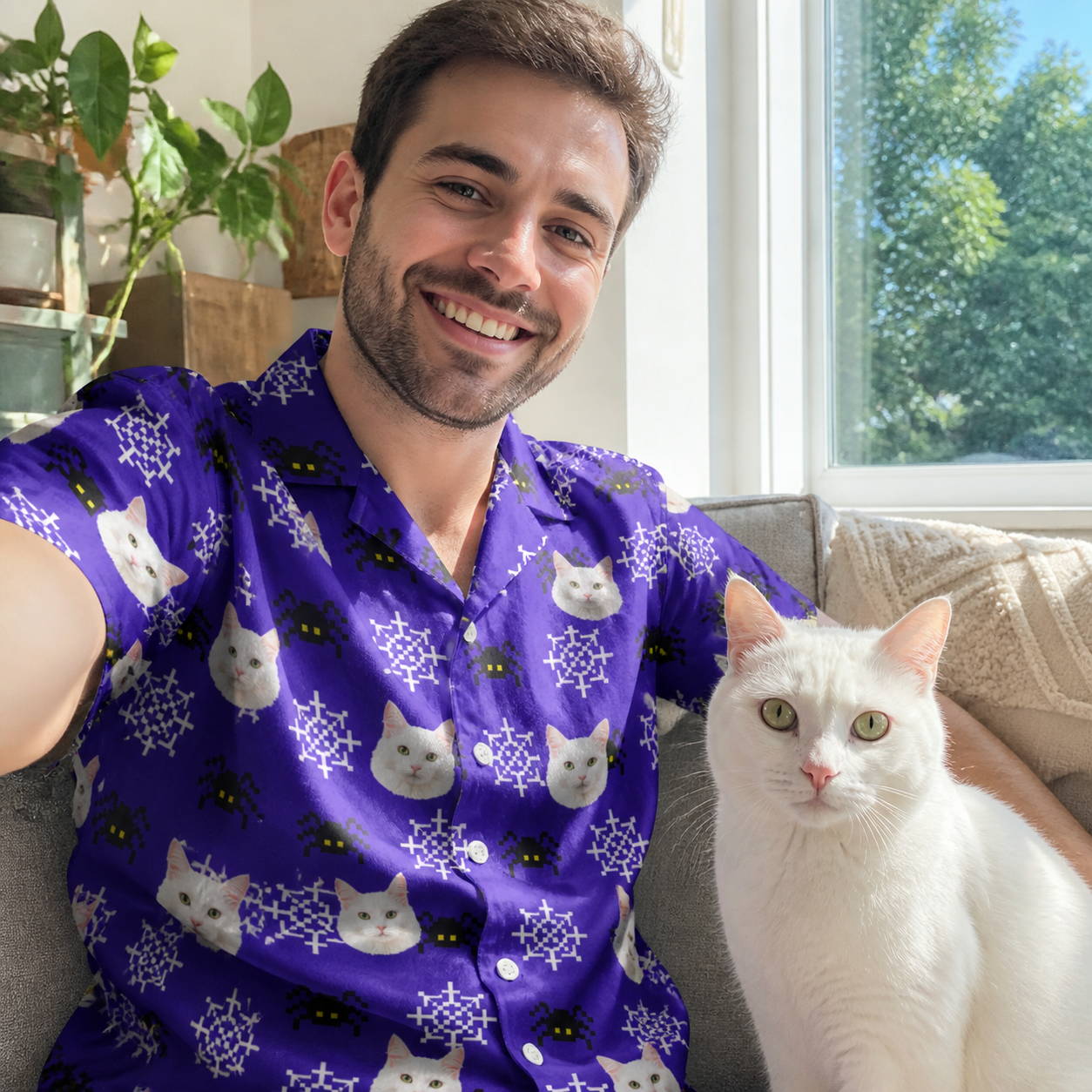 Selfie with the pet whose face is printed all over this Men's Leggy Lurkers Custom Cat Face Hawaiian Shirt
