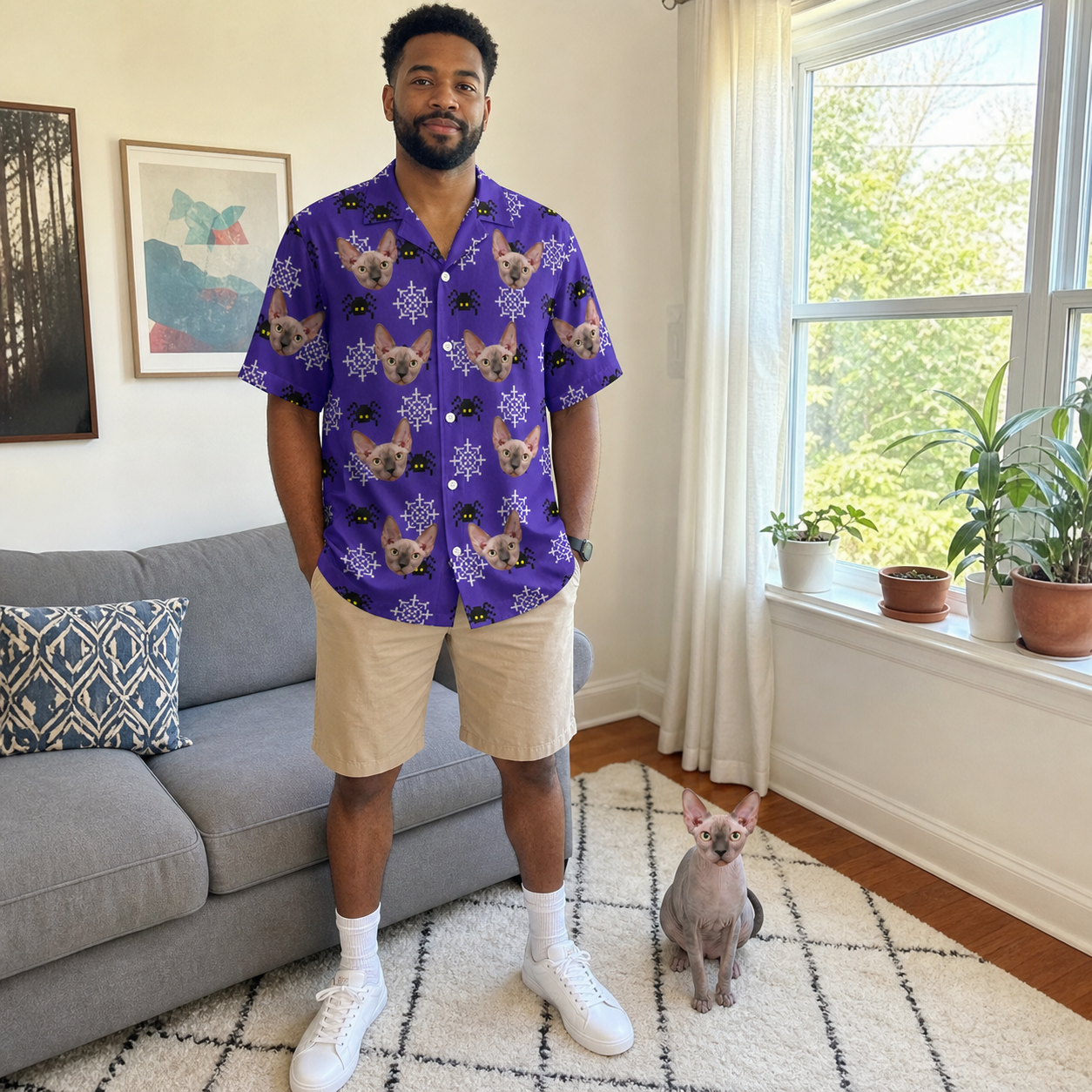 Full-length photo with the pet printed all over this Men's Leggy Lurkers Custom Cat Face Hawaiian Shirt