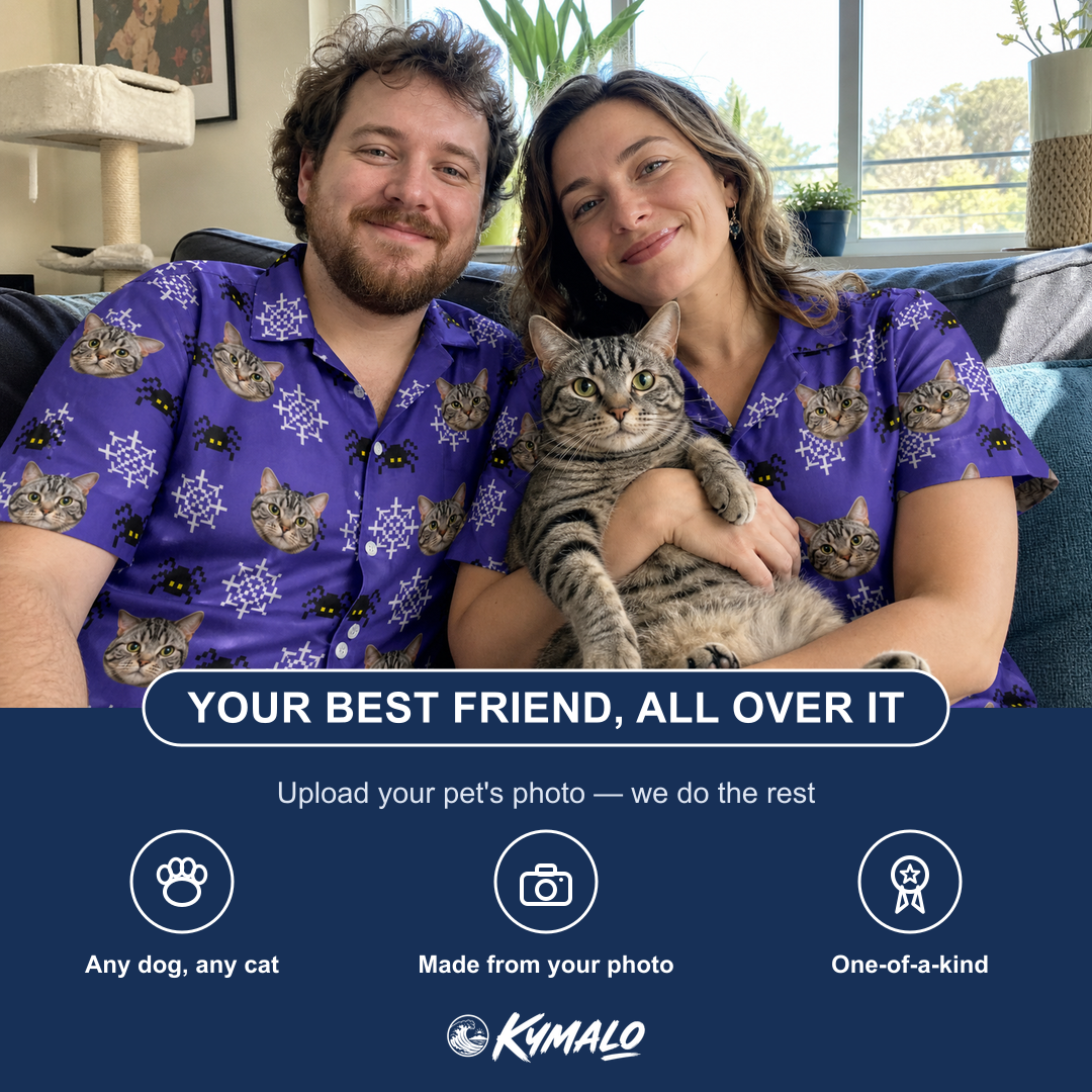 Friends in matching Men's Leggy Lurkers Custom Cat Face Hawaiian Shirt — a group gift photo