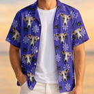 Man wearing Men's Leggy Lurkers Custom Dog Face Hawaiian Shirt open over a white tee