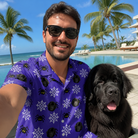 Selfie with the pet whose face is printed all over this Men's Leggy Lurkers Custom Dog Face Hawaiian Shirt