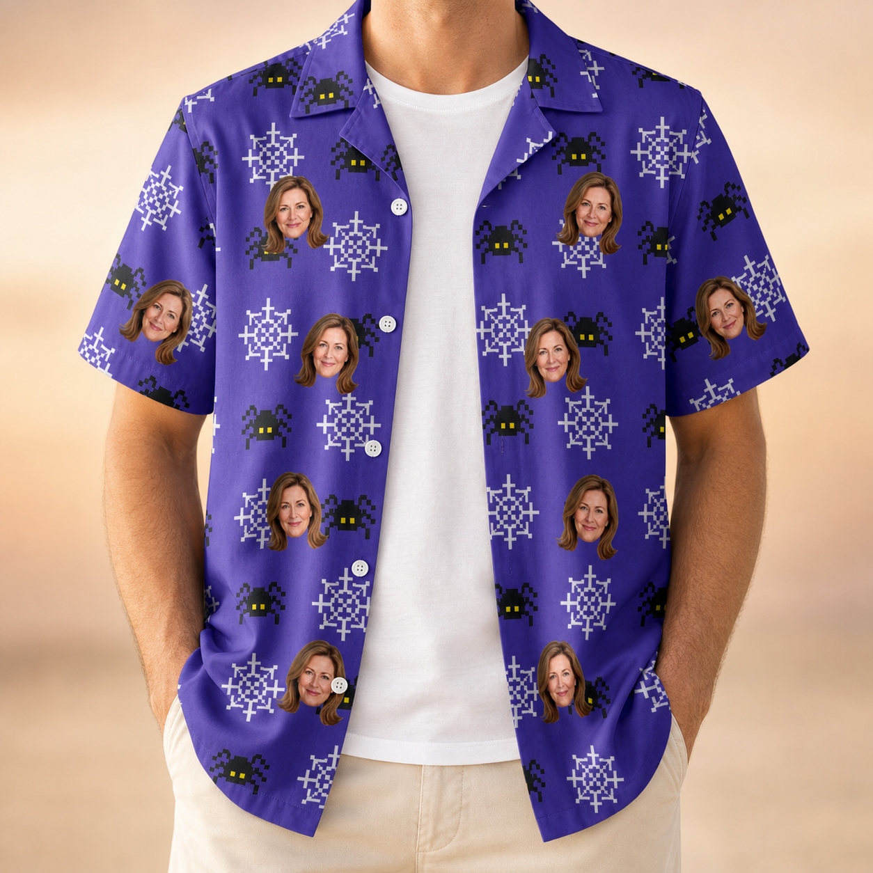 Man wearing Men's Leggy Lurkers Custom Face Hawaiian Shirt open over a white tee