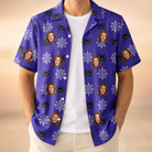 Man wearing Men's Leggy Lurkers Custom Face Hawaiian Shirt open over a white tee