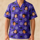 Model wearing Men's Leggy Lurkers Custom Face Hawaiian Shirt printed with kids' faces