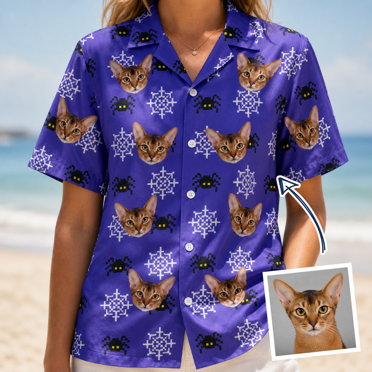 Woman wearing Women's Leggy Lurkers Custom Cat Face Hawaiian Shirt — custom faces printed all-over