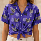 Woman wearing Women's Leggy Lurkers Custom Cat Face Hawaiian Shirt tied at the waist