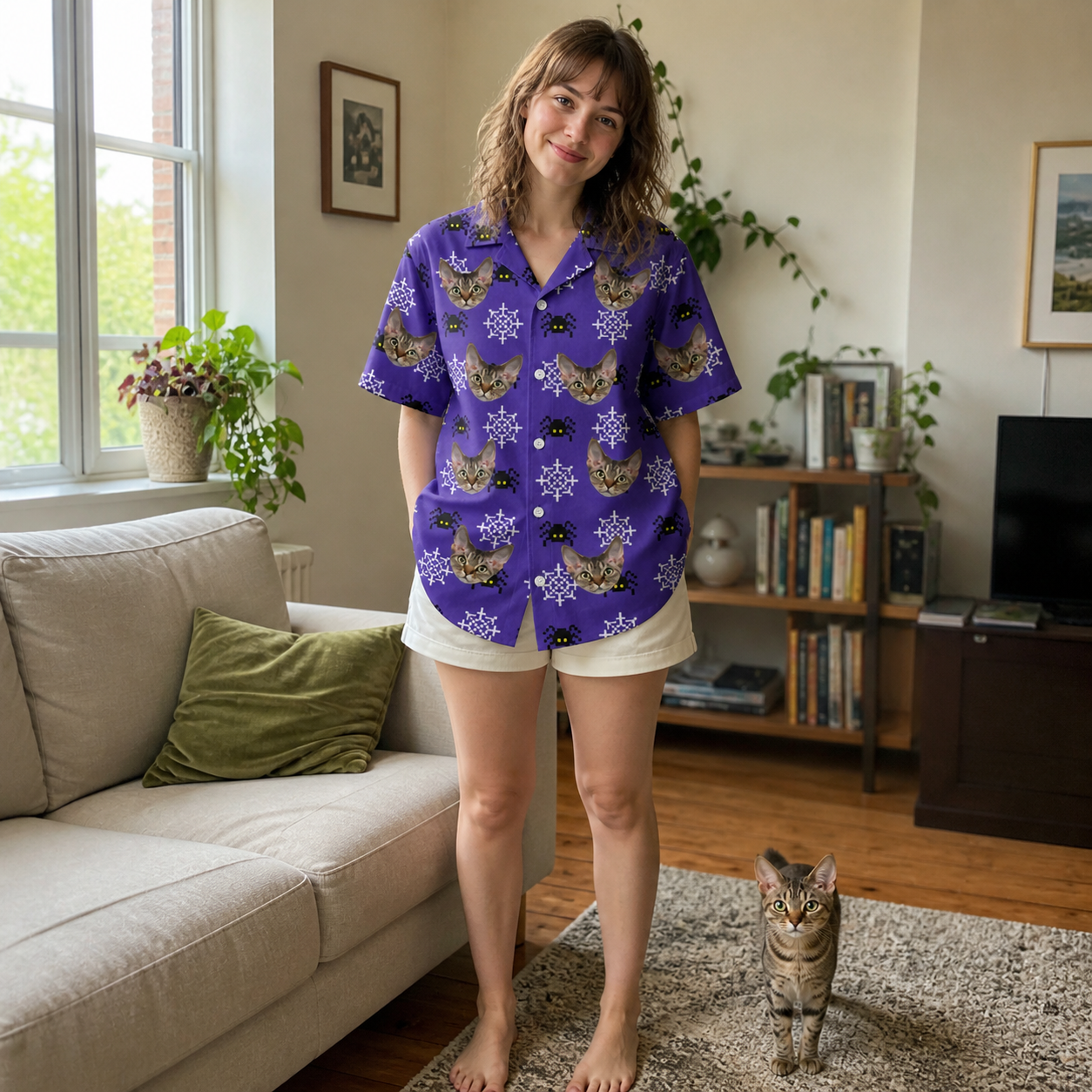 Full-length photo with the pet printed all over this Women's Leggy Lurkers Custom Cat Face Hawaiian Shirt