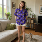 Full-length photo with the pet printed all over this Women's Leggy Lurkers Custom Cat Face Hawaiian Shirt