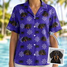 Woman wearing Women's Leggy Lurkers Custom Dog Face Hawaiian Shirt — custom faces printed all-over