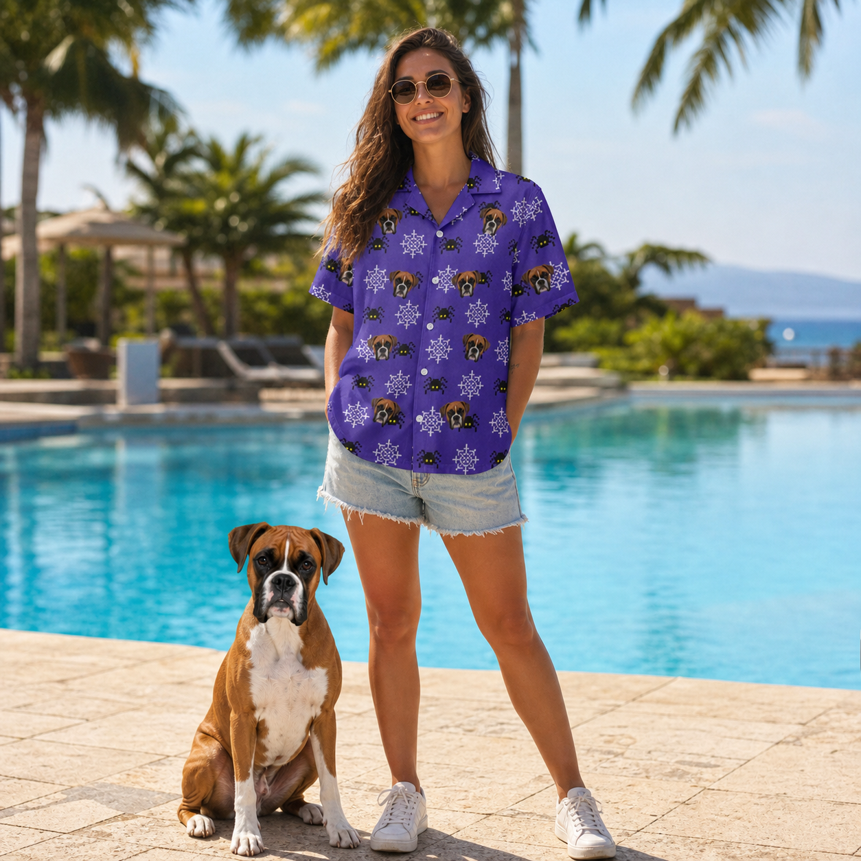 Full-length photo with the pet printed all over this Women's Leggy Lurkers Custom Dog Face Hawaiian Shirt