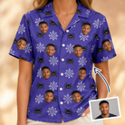 Woman wearing Women's Leggy Lurkers Custom Face Hawaiian Shirt — custom faces printed all-over