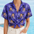 Woman wearing Women's Leggy Lurkers Custom Face Hawaiian Shirt tied at the waist