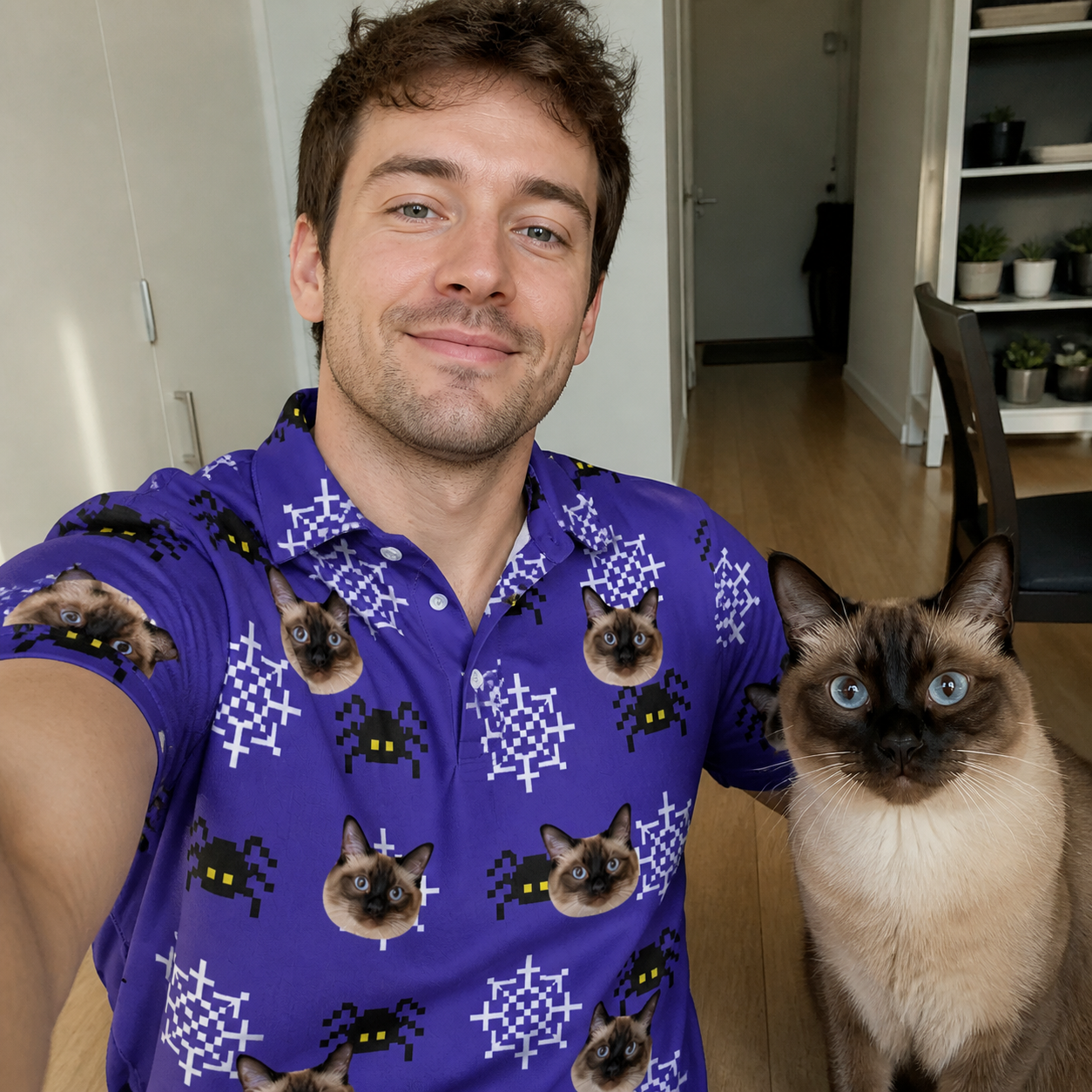 Selfie with the pet whose face is printed all over this Men's Leggy Lurkers Custom Cat Face Polo Shirt