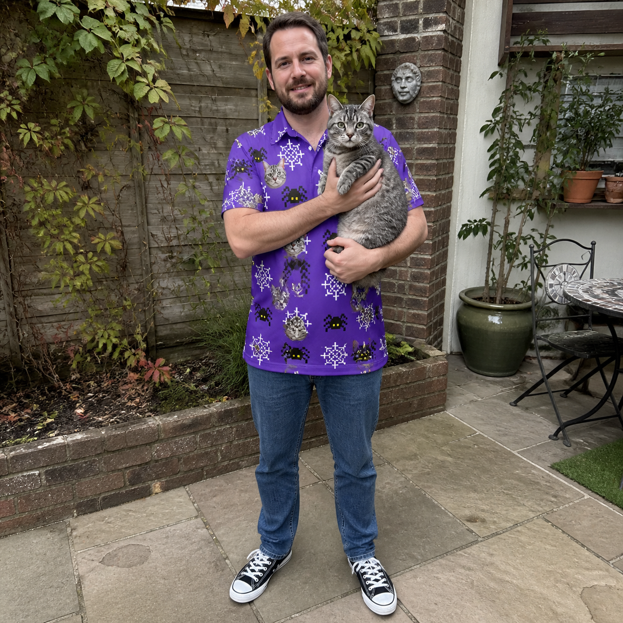 Full-length photo with the pet printed all over this Men's Leggy Lurkers Custom Cat Face Polo Shirt