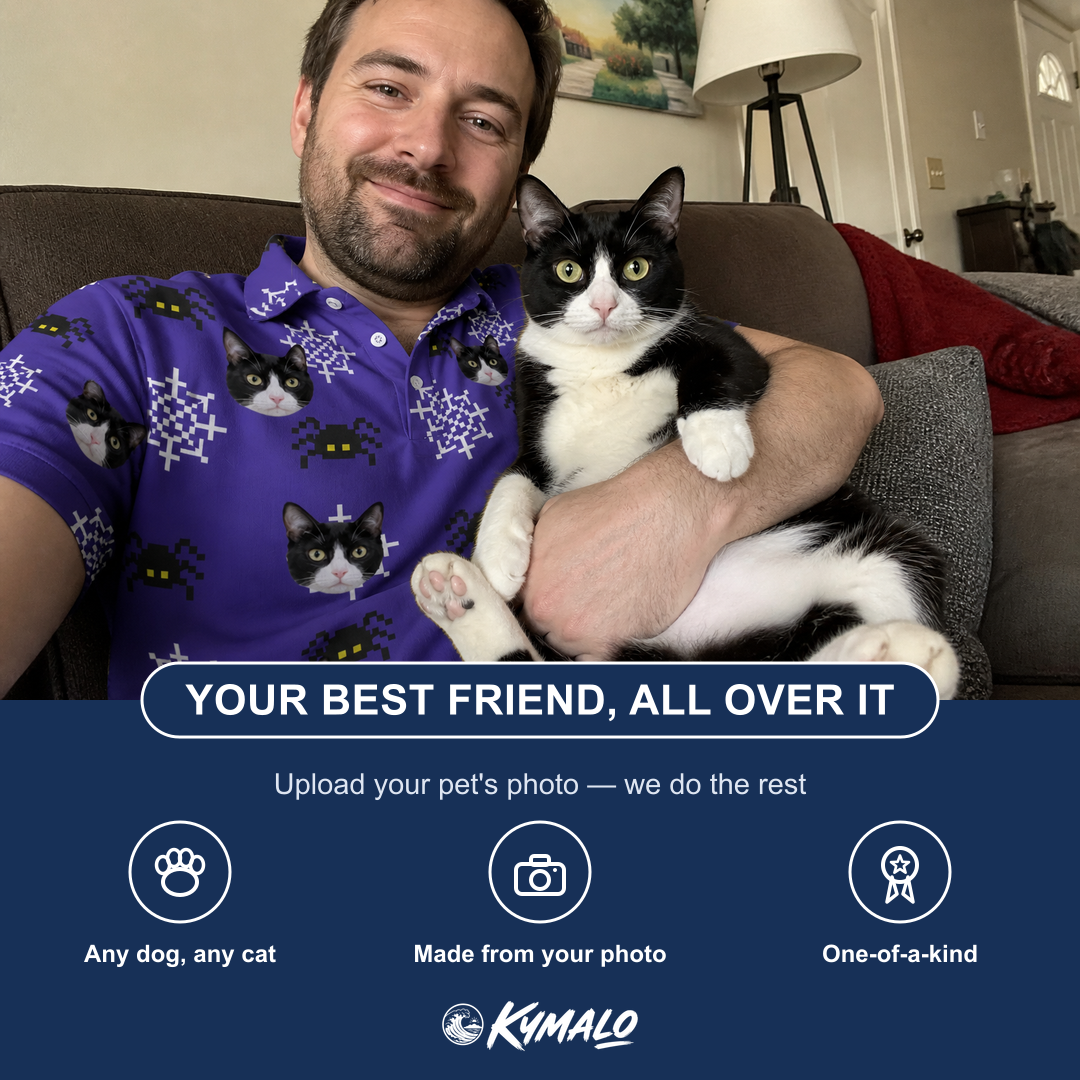 Friends in matching Men's Leggy Lurkers Custom Cat Face Polo Shirt — a group gift photo