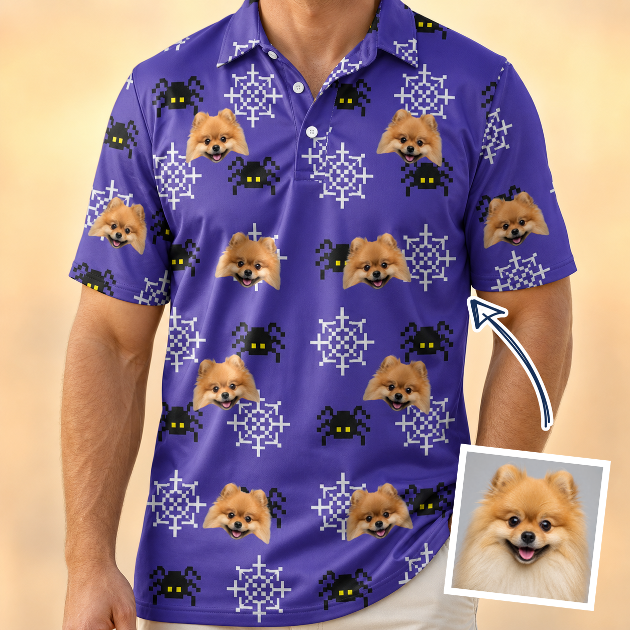 Man wearing Men's Leggy Lurkers Custom Dog Face Polo Shirt — custom faces printed all-over