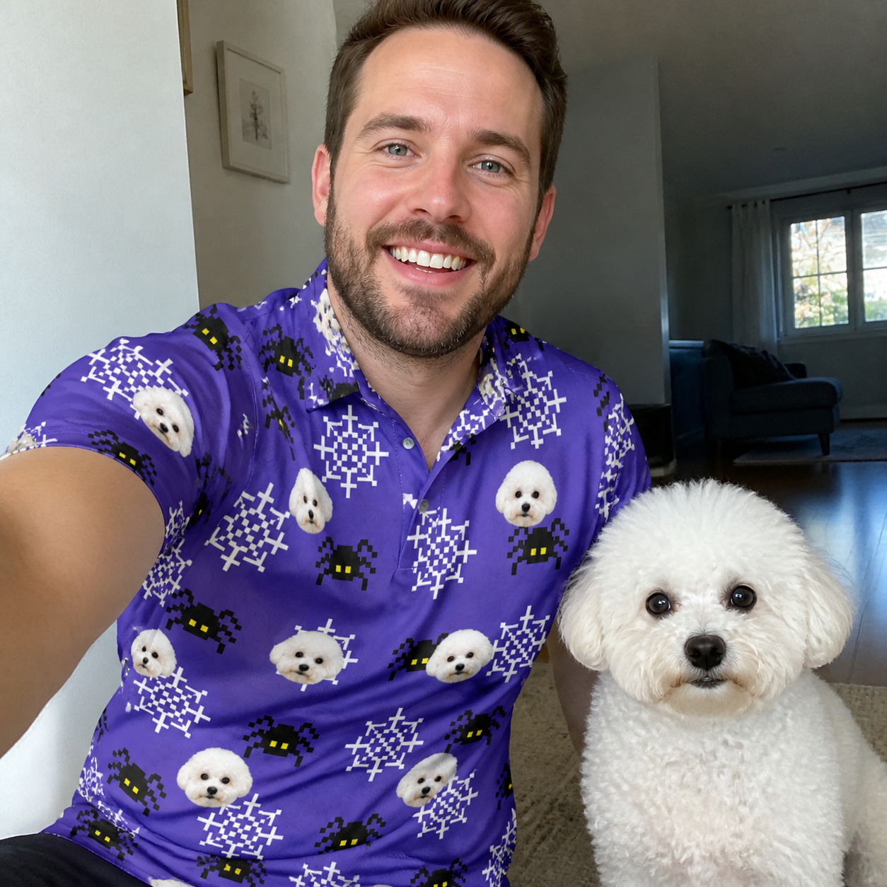 Selfie with the pet whose face is printed all over this Men's Leggy Lurkers Custom Dog Face Polo Shirt