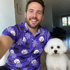 Selfie with the pet whose face is printed all over this Men's Leggy Lurkers Custom Dog Face Polo Shirt