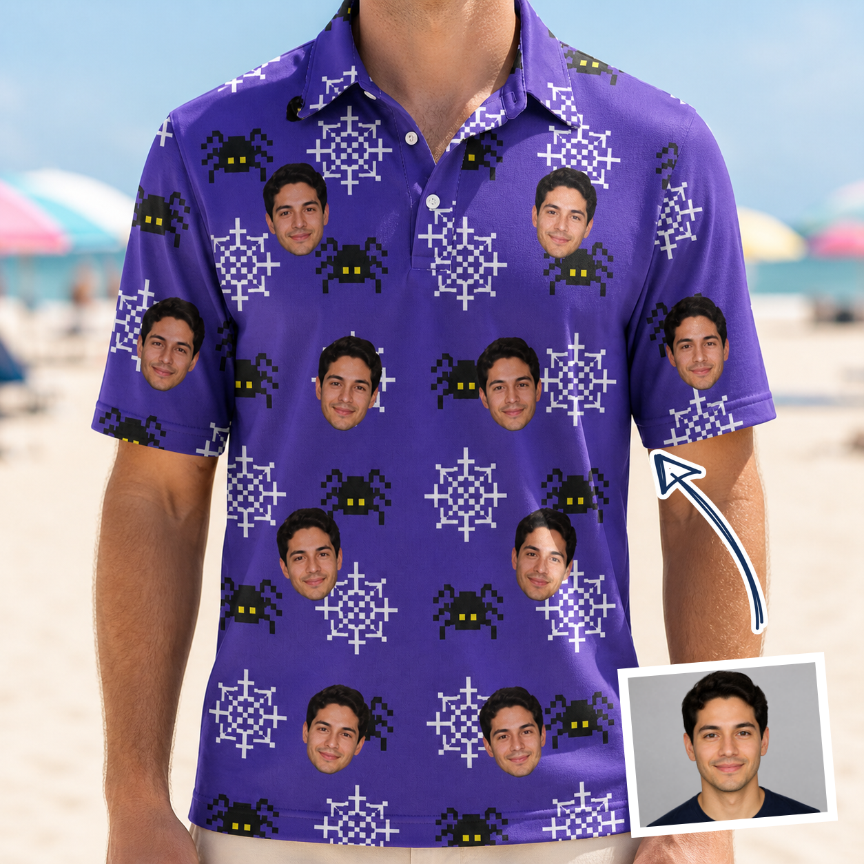 Man wearing Men's Leggy Lurkers Custom Face Polo Shirt — custom faces printed all-over