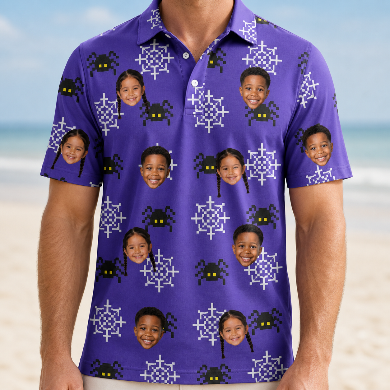 Model wearing Men's Leggy Lurkers Custom Face Polo Shirt printed with kids' faces