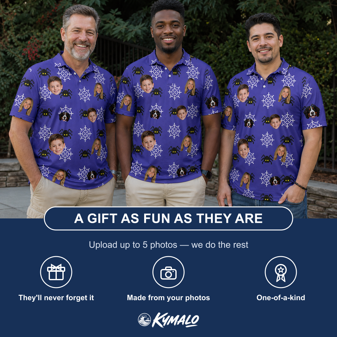 Friends in matching Men's Leggy Lurkers Custom Face Polo Shirt — a group gift photo