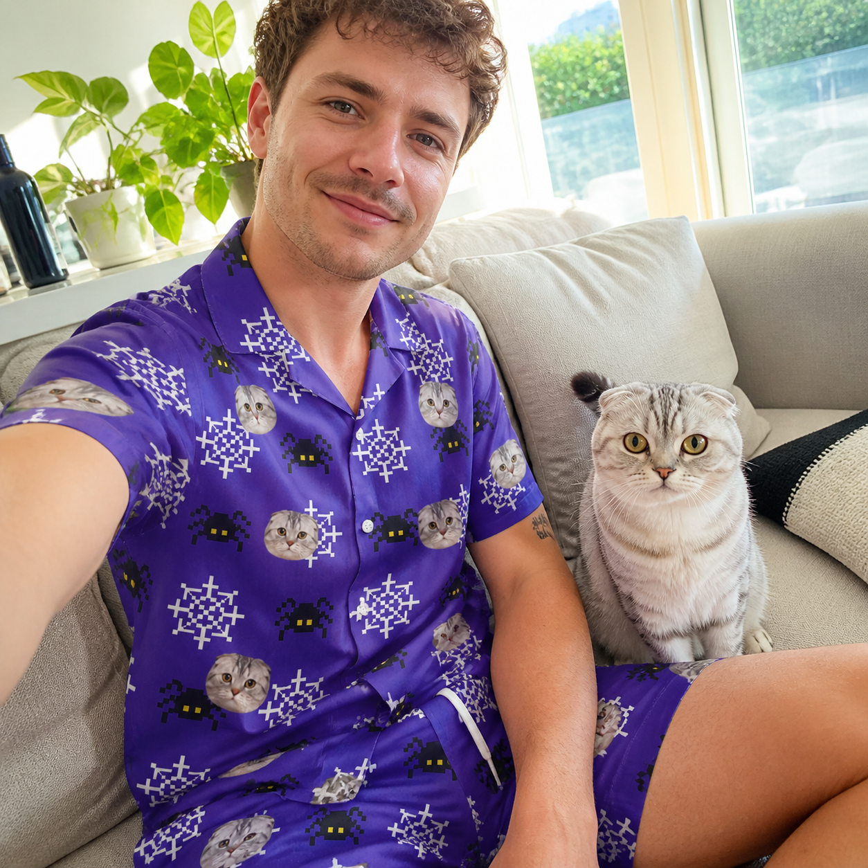 Selfie with the pet whose face is printed all over this Men's Leggy Lurkers Custom Cat Face Shirt & Shorts Set