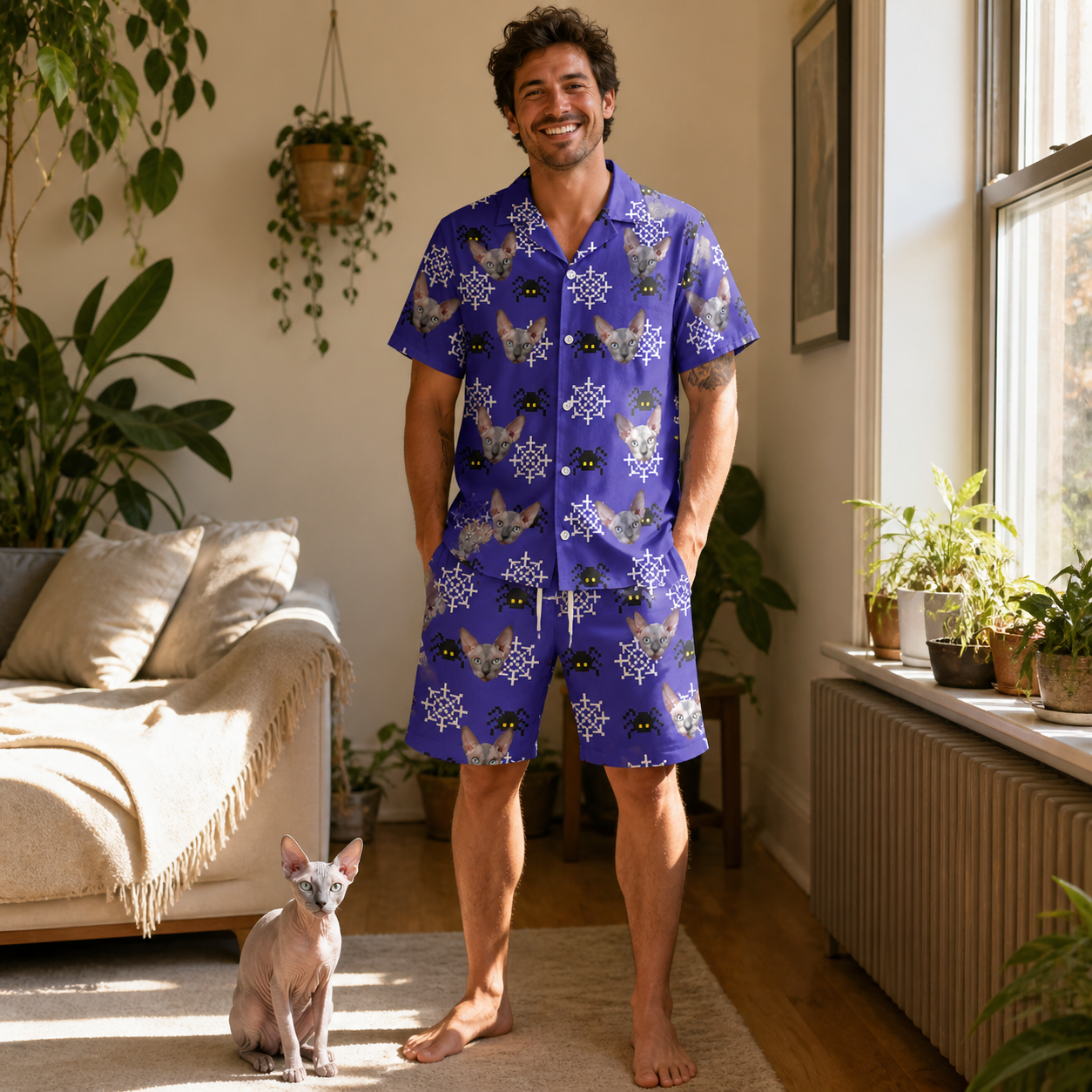 Full-length photo with the pet printed all over this Men's Leggy Lurkers Custom Cat Face Shirt & Shorts Set