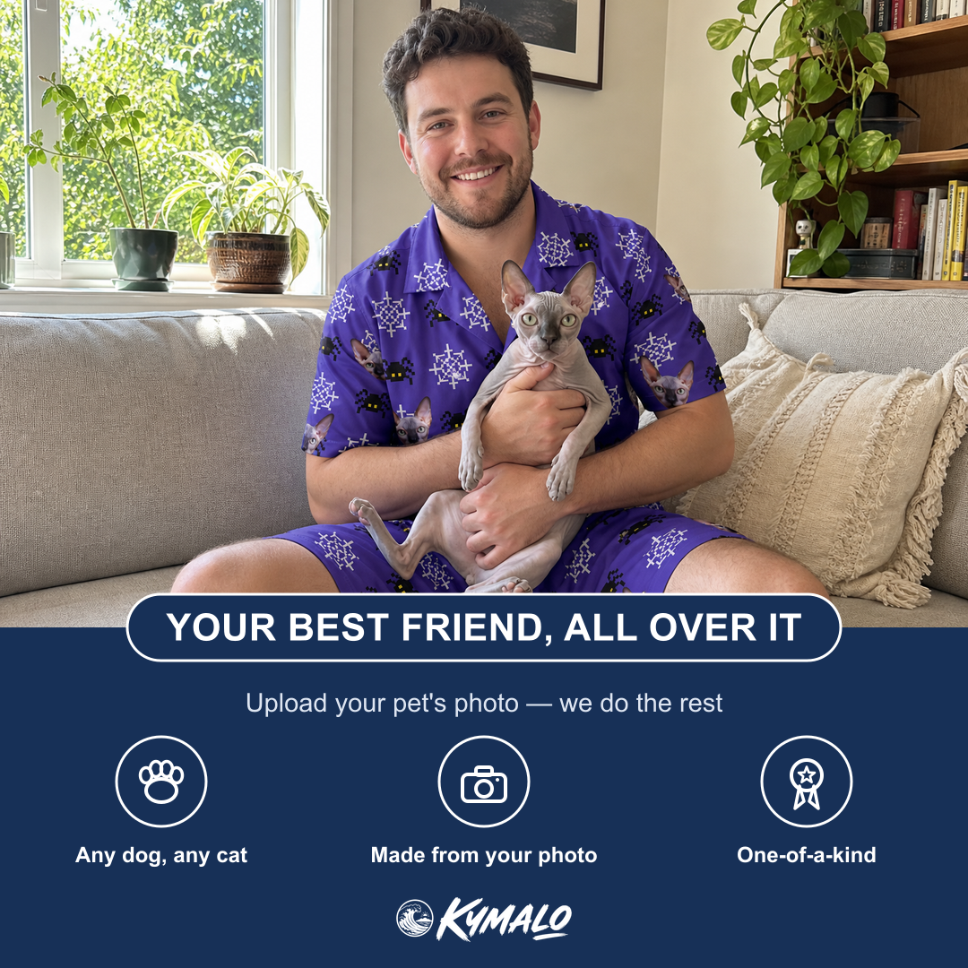 Friends in matching Men's Leggy Lurkers Custom Cat Face Shirt & Shorts Set — a group gift photo