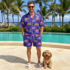Full-length photo with the pet printed all over this Men's Leggy Lurkers Custom Dog Face Shirt & Shorts Set
