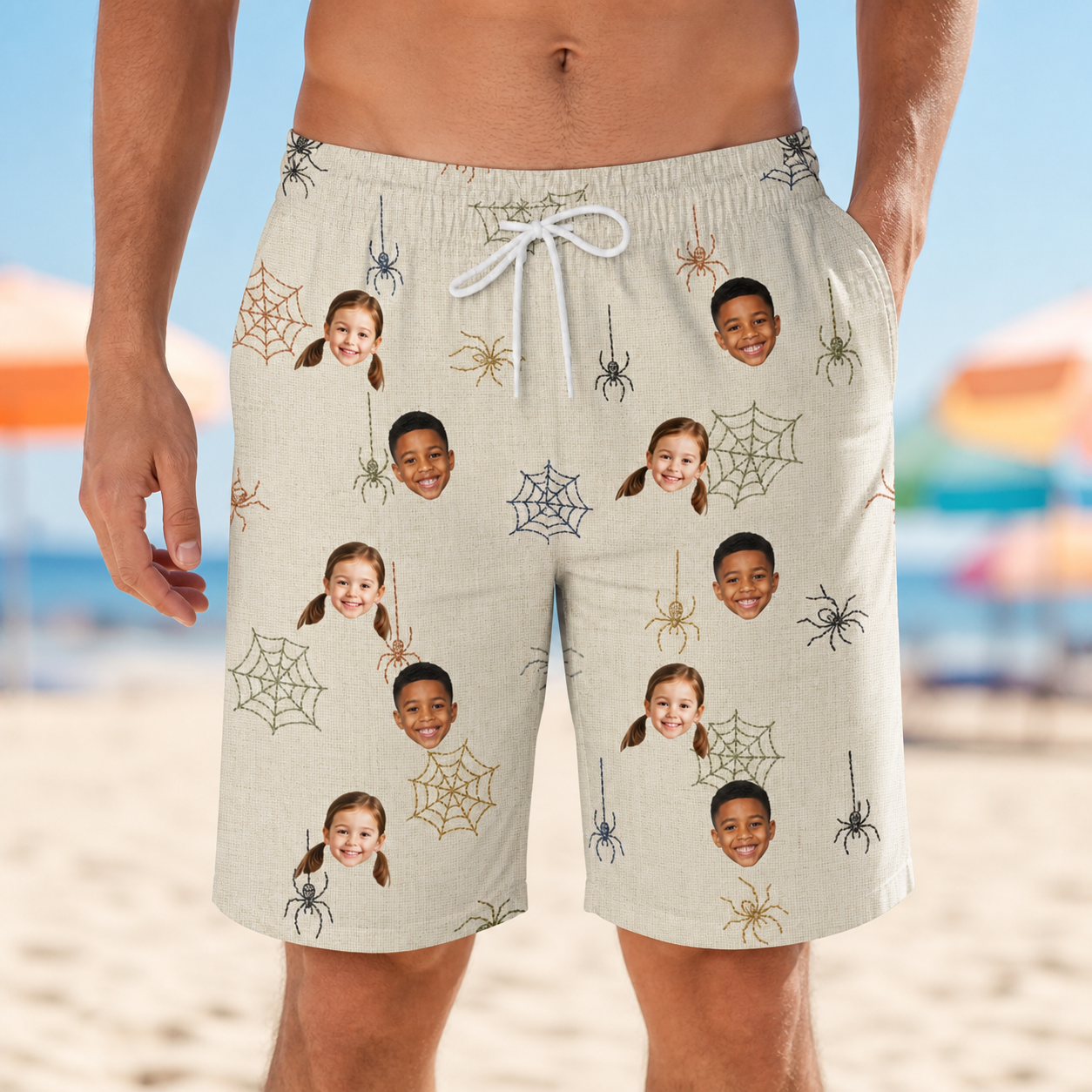 Model wearing Men's Gossamer Ghouls Custom Face Beach Shorts printed with kids' faces