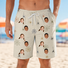 Model wearing Men's Gossamer Ghouls Custom Face Beach Shorts printed with kids' faces