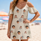 Model wearing Women's Gossamer Ghouls Custom Face Off-Shoulder Dress printed with kids' faces