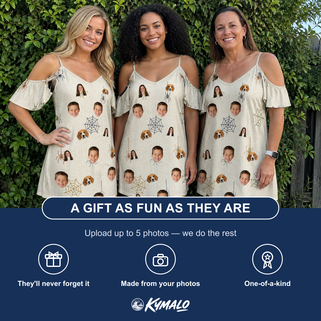 Friends in matching Women's Gossamer Ghouls Custom Face Off-Shoulder Dress — a group gift photo