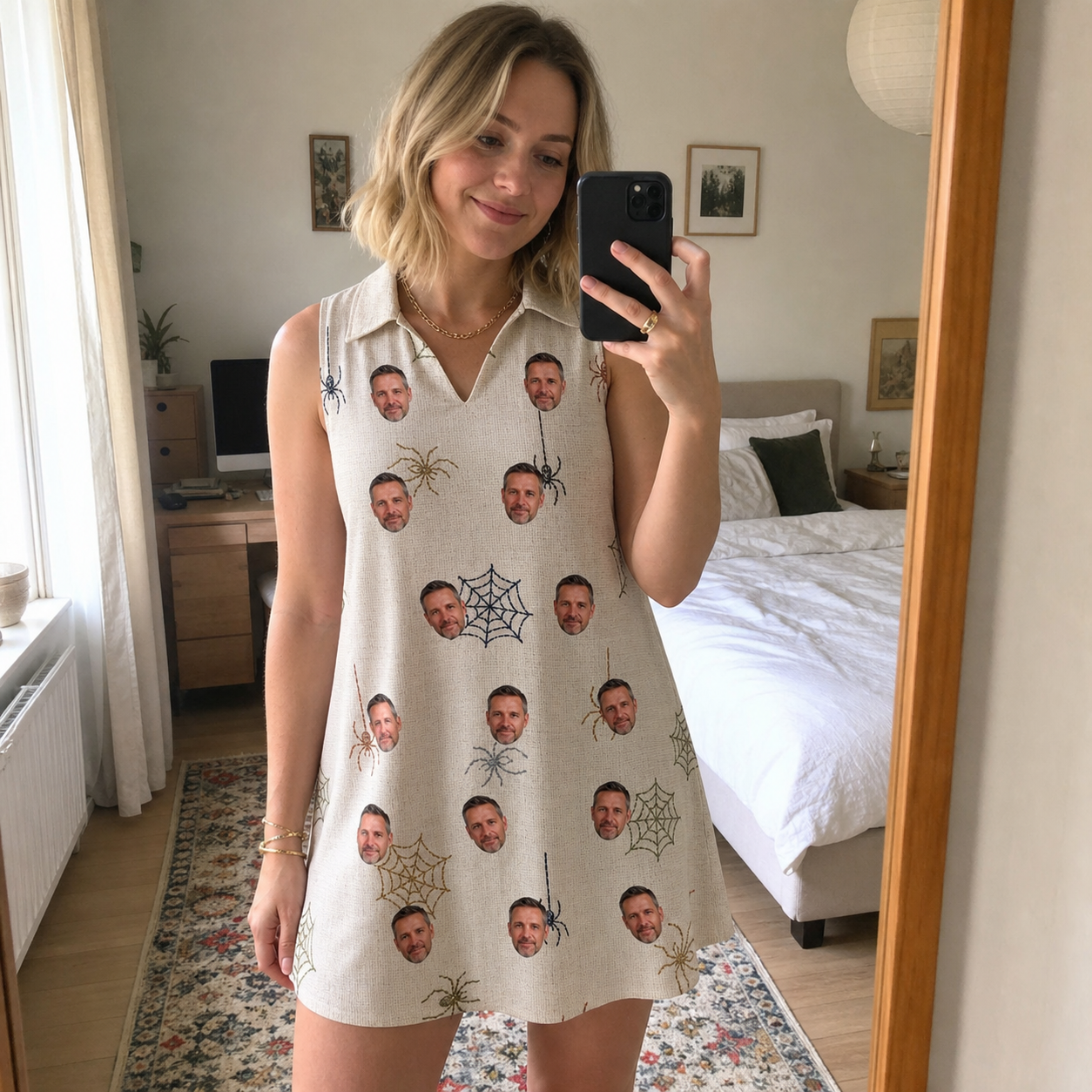 Real-life photo of someone wearing Women's Gossamer Ghouls Custom Face V-Neck Dress — custom faces printed all-over