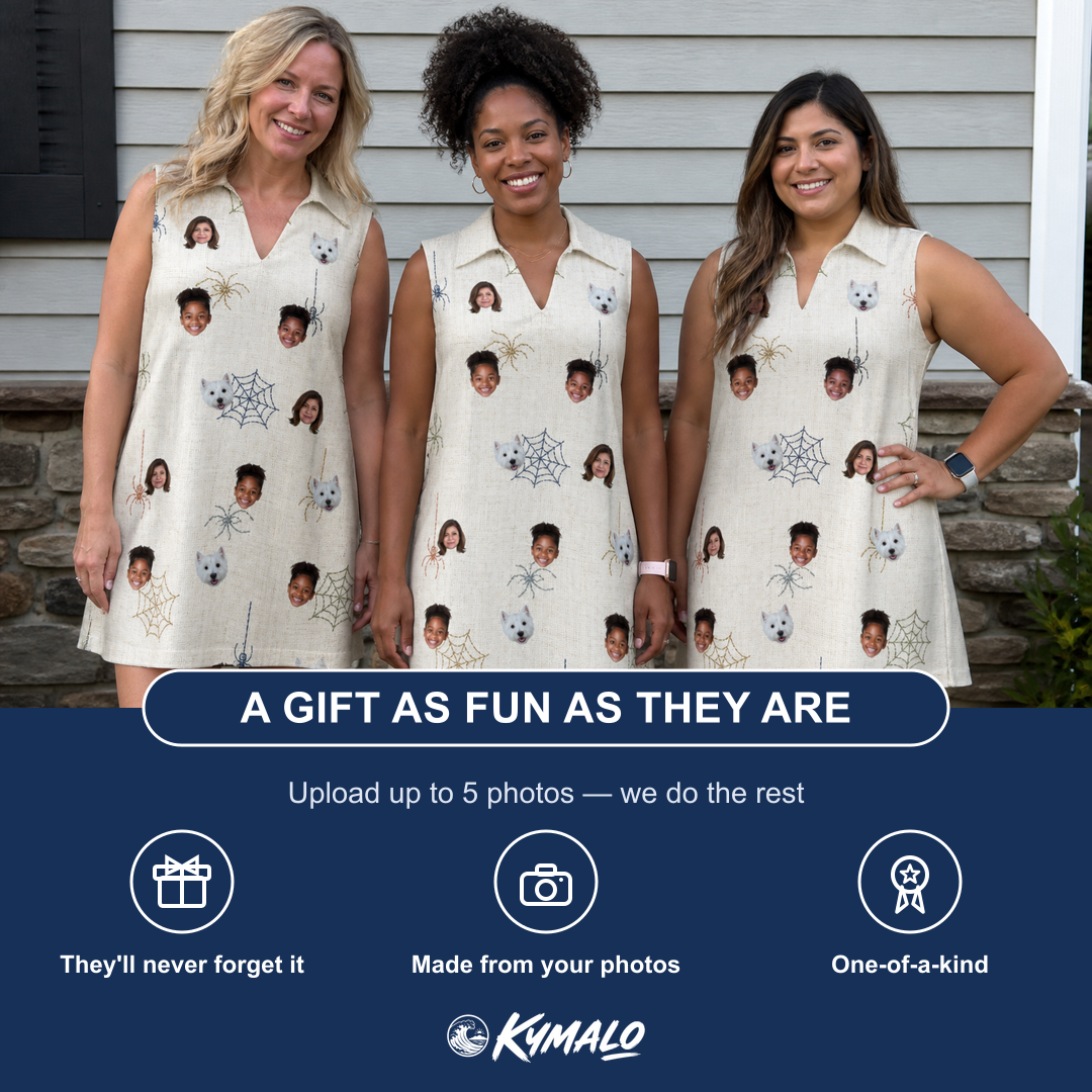 Friends in matching Women's Gossamer Ghouls Custom Face V-Neck Dress — a group gift photo
