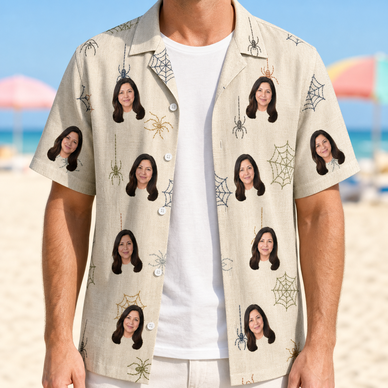 Man wearing Men's Gossamer Ghouls Custom Face Hawaiian Shirt open over a white tee