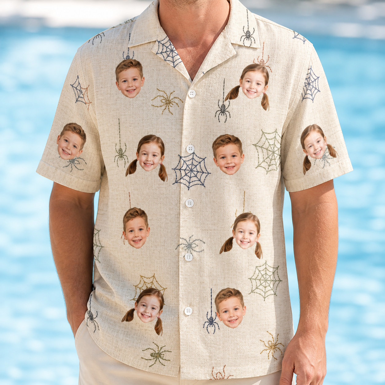 Model wearing Men's Gossamer Ghouls Custom Face Hawaiian Shirt printed with kids' faces