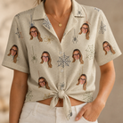 Woman wearing Women's Gossamer Ghouls Custom Face Hawaiian Shirt tied at the waist