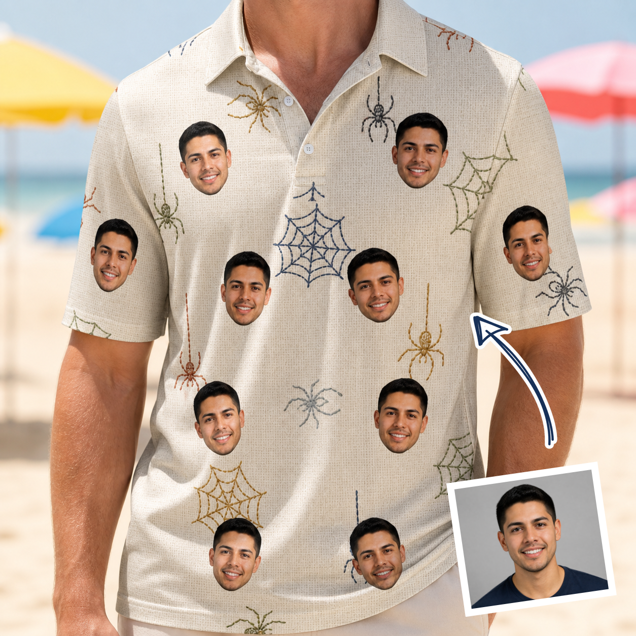Man wearing Men's Gossamer Ghouls Custom Face Polo Shirt — custom faces printed all-over